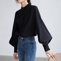 리본블라우스 왕리본 빈티지 랜턴 슬리브 숙녀 셔츠 여성용 블라우스 봄 가을 싱글 브레스트 솔리드 무제