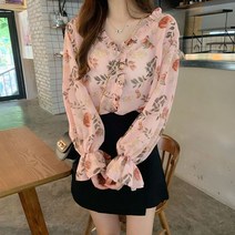 퐁순싸롱 루즈핏 브이넥 프릴 핑크 꽃무늬 쉬폰 블라우스 SH