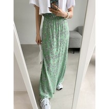키큰여자 롱스커트 전체허리밴딩 맥시 훌 스커트 펜화 플라워 코디하기편한 민트 노랑 검정