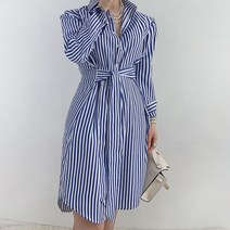 넷투넷코리아 여성 셔츠원피스 스트라이프 허리밴딩 기본 루즈핏