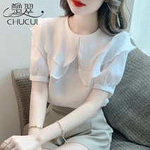 빅카라 블라우스 둥근카라블라우스 브이넥 셔츠 반팔 티셔츠 여성 여름 드레스 대형 칼라 쉬폰 달콤하고 독특한 흰색