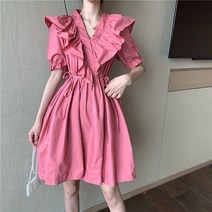 2022 여름신상 스윗프릴 브이넥 여아끈 조임 날씬한 베이비돌 스커트 반팔 원피스여