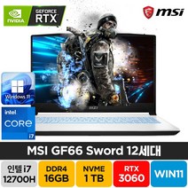 MSI Sword GF66 A12UE 인텔 12세대 i7-12700H RTX3060 윈도우11 배그 주식 고성능 게이밍 노트북, GF66 Sword, WIN11 Pro, 16GB, 1TB, 코어i7, 화이트