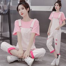 YI MING 여성용 일자멜빵점프수트 4컬러 데님 오버롤 바지 데일리 찢청 F324