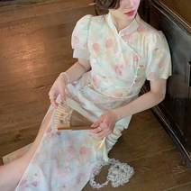 2022 여름 움직이는 Cheongsam 스커트 거품 소매 꽃 치마 온화한 기질 새로운 중국 드레스 여성 여름