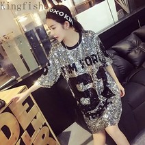 [Kingfishe]여성 여름 롱 반팔티 빅사이즈 빤짝이 원피스 QQ3 zhuo725