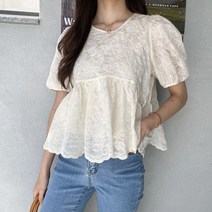 [리엘라] 뎃커리 레이스 퍼프 반팔 블라우스