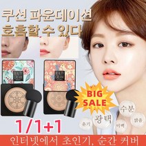 1/1+1【정품】가벼운 마무리 버섯 헤드쿠션 모이스춰라이징 쿠션 롱스테이 메이크업 지워지지 않음잔주름 완화 모공 커버, 타입1 핑크(내추럴 베이지)*1+ 그린(아이보리)*1
