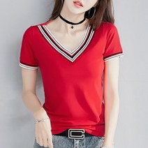데이홀릭 9606-1 여성용 여름 슬림핏 컬러풀라인 V넥 반팔 티셔츠