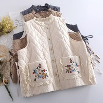 면 레이스 플라워 자수 코튼 퀼팅 조끼 루즈핏 레이스 누빔 프로방스 여성 베스트