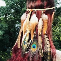 인도 깃털 머리띠 히피 대마 로프 보헤미안 공작 헤드 피스 여성 여자 액세서리