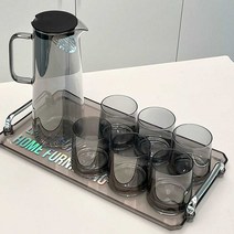 물컵 위스키잔 차컵 내열성 강화 유리컵 물통 세트, 잔 4개 포트 1개 + 그린 트레이