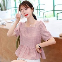 온스타일러 [당일발송] 하루 체크 프릴 블라우스 스퀘어넥 반팔