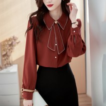 봄 리본 긴팔 쉬폰 블라우스 여 상의 레깅스 서양풍 빅 터틀넥 디자인 소박