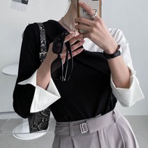 프렌치 사선 배색 블라우스 [ICB-0507]