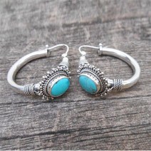 원석 터키석 은 귀걸이 여성 여성용 빈티지 Boho 자연석 파티 레트로 후프 댕글 러 귀 보석 액세서리 트렌드