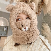 겨울 보디히트 헤드커버 여전기차 겨울 장비 방한 방풍 마스크 라이딩 스키 기모 두꺼운 목도리, 곰마스크원피스모자브라운(벨벳짙은)