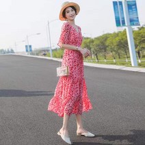 Momolatti 여름 잔꽃 시폰 브이넥 반팔 롱원피스