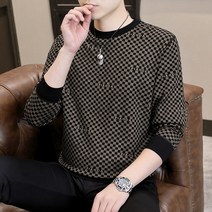 셔츠 체크 무늬 라운드 넥 스웨터 남성 봄 가을 트렌드 올 매치 풀오버 긴팔 티셔츠 패션 캐주얼 탑 맨투맨