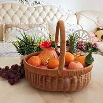 라탄 과일바구니 명절 과일 선물 사과 배 복숭아 상자, 대형 철제 손잡이 바구니 브라운