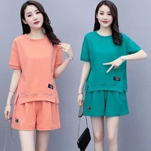 패션 여성 트레이닝복 세트 여사 반팔 라운드넥 티셔츠 와이드 반바지 상하의 세트 캐주얼 달리기 투피스 20대 30대 40대 M~3XL