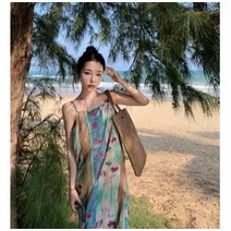 해변원피스 바캉스룩 보헤미안 스타일 프린트 서스펜더 스커트 여름 새로운 비치 불멸의 해변 틈새 민소매