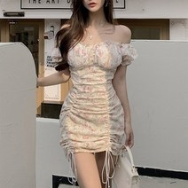 여자 플라워패턴 캡내장 프릴 오프숄더 셔링 미니원피스