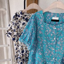 투꽃패턴 볼륨 오픈 블라우스