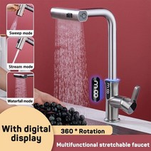 수전손잡이 LED 온도 디스플레이 욕실 싱크대 주방 대야 풀아웃 분무기 3 가지 스프레이 온수 냉수 믹서 탭, 5.Silver With Display