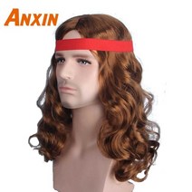 남자 가발 앞머리 부분 통가발 정수리 남성 투블럭 중년 모자 인모 짧은머리 군인 다운펌 다크 브라운 긴 곱슬 자연 머리 웨이브 레드 벨트 헤드 밴드 합성 섬유 어깨 애니메이션, 18인치