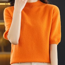 봄 여름 여유로운 울 니트 반팔 여성 대형 라운드넥 단색 베이직 티셔츠 얇은 소재