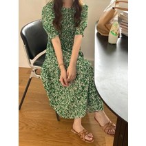 복고 레트로 여름 잔꽃 플라워 주름 시원한 반팔 라운드 녹색 원피스