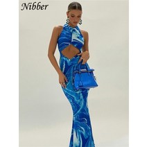 nibber y2k 한 비치 bodycon 드레스 여성 중공 오프 숄더 백리스 프린트 타이 염료 블루 맥시 드레스 zara 2022 여름