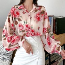 안나리야 핑크 장미 꽃무늬 쉬폰 얇은 셔츠 블라우스 SH