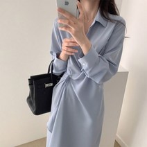 코발트 블루 셔츠 파란색 블라우스 남방 난방 봄 가을 캐주얼 모든 경기 복장 숙녀 기질 솔리드 컬러 허리 슬림 롱 드레스