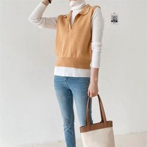 여자 가을 카라넥 비스코스 폴리 베스트 조끼