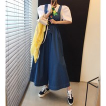 버디 스퀘어넥 단추 허리끈 롱 와이드 뷔스티에 멜빵 여름 청 데님 점프수트 (2color)