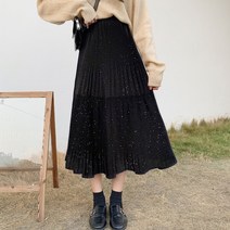 펄 롱 스커트 주름 플리츠 여성 A라인 밴딩 치마
