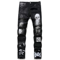 남자 명품 청바지 남성용 바지 streetwear 패션 바지 청바지 해골 블랙 데님 바이커 남성 캐주얼 디자이너 찢어진 편안한