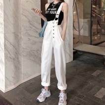 데님 멜빵 바지 여성 한판 하이웨이스트 루즈핏 팬츠