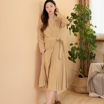 클로랑 쥬드 브이넥 카라 리본 플리츠 랩 원피스