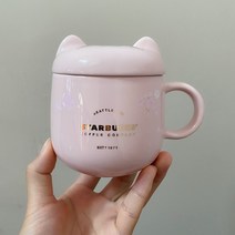 [행복열매] 스타벅스 머그컵 텀블러 유리컵 귀여운 롤러 코스터 벚꽃 고양이 발 귀여운 토끼 마우스 레인보우 핑크 퍼플 알파카 딸기 마크 밀짚 보온병, 핑크 고양이 머그잔