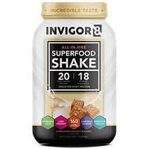 INVIGOR8 슈퍼푸드 단백질 쉐이크 및 면역 부스터 - 프로바이오틱스와 오메가 3를 함유한 글루텐 프리 비 GMO 식사 대체 쉐이크 /Sports Nutrition, Salted Caramel, Salted Caramel