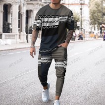 마라톤복장 마라톤 반바지 러닝복 싱글렛 헬스 운동복 남성용 빈티지 3D 프린트 반팔 티셔츠 긴 바지 2 피스 세트 캐주얼 트렌드 오버사이즈 남성 의류 여름