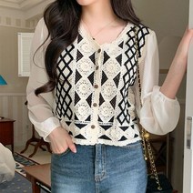 퍼니걸스 6220 브이넥 쉬폰 펀칭 뜨깨 긴팔 블라우스 여성의류