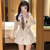 티미 핀턱 카라 A라인 교복 셔츠 체크 넥타이 긴팔 미니원피스