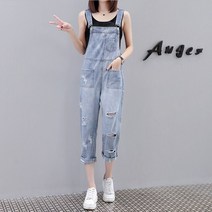 여성 데님 멜빵바지 찢청 멜빵 청바지 데님팬츠 ALvceva