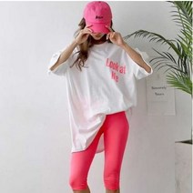 모모르 여성용 빅사이즈 룩앳미 박스 티셔츠 + 5부 워터레깅스 세트, 화이트T/형광핑크R
