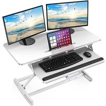 AboveTEK 스탠딩 데스크 컨버터 젤 손목 받침대가 있는 91.4cm(36인치) 스탠드업 데스크 라이저 듀얼 모니터에 맞는 테이블 탑 싯 스탠드 데스크 탈착식 키보드 트레, White