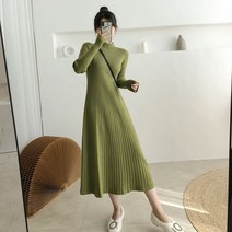 골지 하프넥 A라인 플리츠 넥 니트 롱 원피스 데일리 오피스 회사 데이트 블랙 그린
